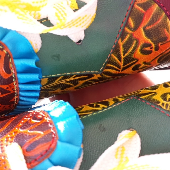 Boho Sz 42 Floral Multicolor Lace Up Ruffle Patchwork Clog Shoes - Picture 14 of 17